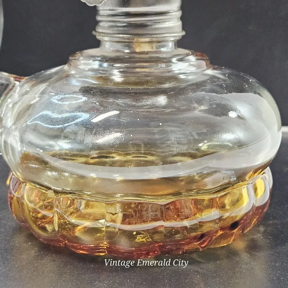 Vtg Miniature Amber Adjustable Wick Glass Oil Lamp China Hong Kong With Chimney